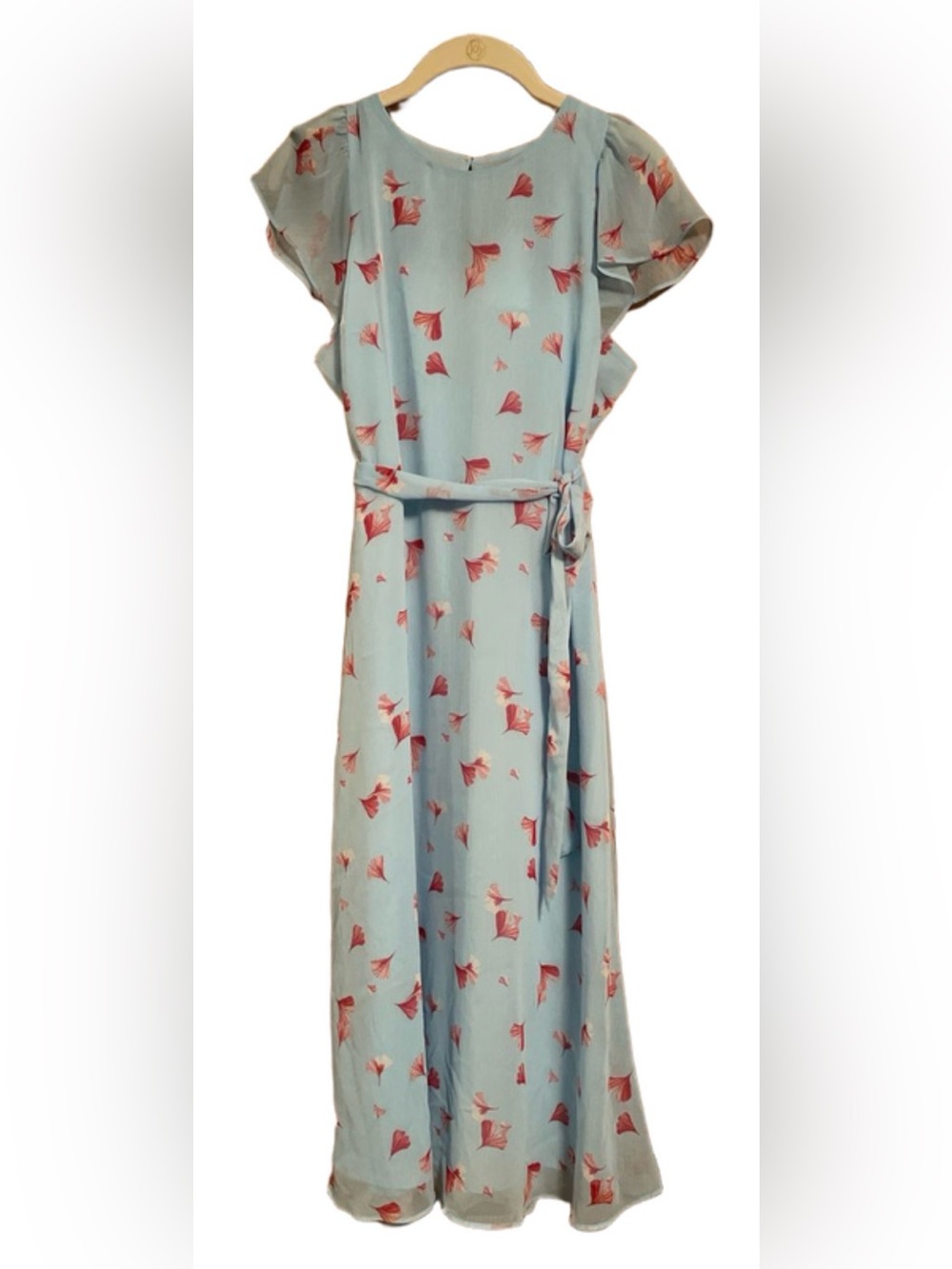 NWT- Banana Republic Light Blue Floral Midi Dress with Ruffle Sleeves